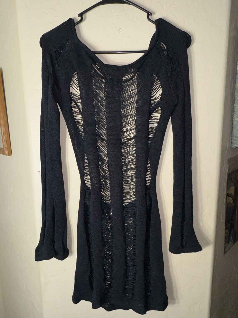 Tic Toc Black Open Knit Distressed Ladder Cutout Mini Dress Cover Up Size L